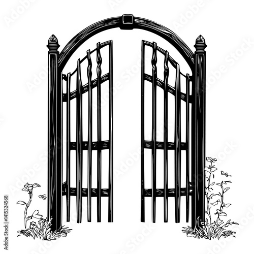 Elegant open garden gate design with floral accents creates inviting outdoor entrance
