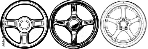 Vector illustration of three distinct steering wheels showcasing various designs and styles for automotive enthusiasts and designers