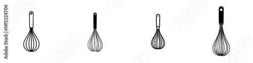 Whisks in varying sizes for cooking and baking tasks, perfect for blending and mixing ingredients efficiently in the kitchen