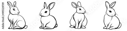 Vector illustration of four different rabbit poses showcasing their playful nature and distinct features in a simple black and white design