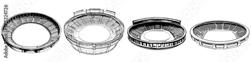 Vector illustration of multiple stadium designs showcasing different architectural styles and features for sports and events
