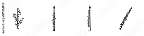 Vector illustration icons of various musical instruments with floral designs in a monochrome style