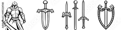 Vector illustration of a knight with various swords and a shield in a medieval setting
