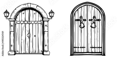 Vector illustration of two distinct wooden doors with ornate designs and lanterns, showcasing different architectural styles