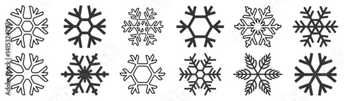 Collection of snowflakes icons. New Year and Christmas attribute. Weather element snowflake. The symbol of cold, snow, winter and frost. Isolated abstract raster, vector illustration.