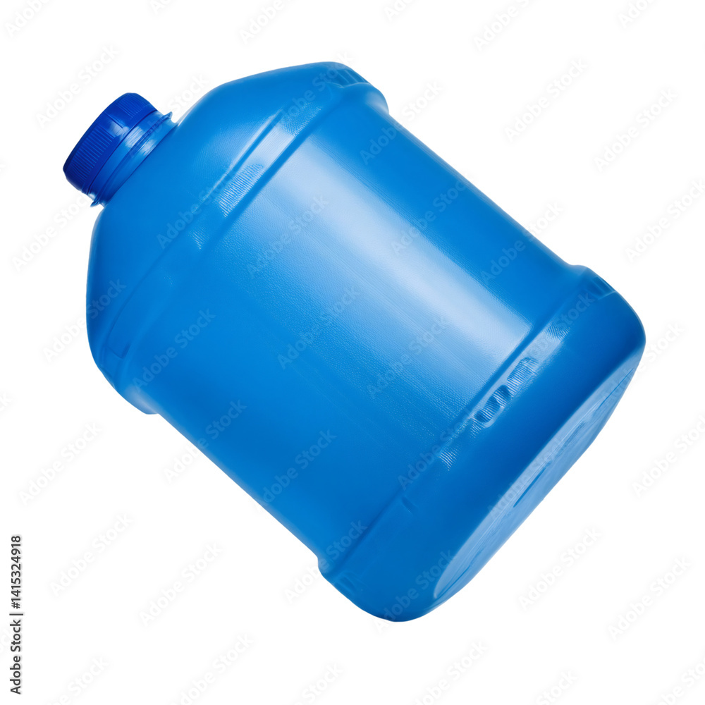 Blue HDPE plastic water container, 10L capacity, sitting on transparent background with clear clipping path