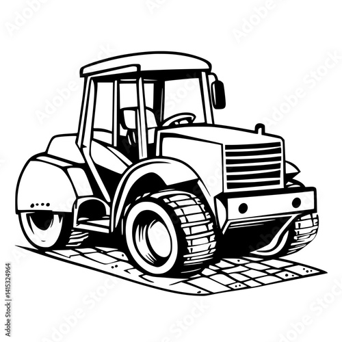 Vector illustration of a construction tractor on a road repair project showcasing heavy machinery in action at a construction site