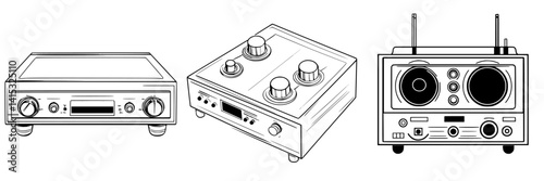 Vector illustration of retro audio equipment showcasing a turntable, mixing console, and stereo receiver for music enthusiasts