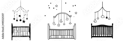 Illustrative depiction of nursery designs featuring cribs and mobile decorations for infants in a cozy space
