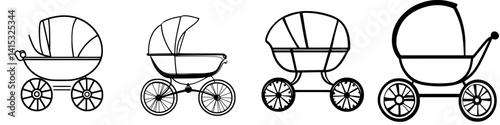 Various vector illustrations of baby strollers showcasing different designs and styles suitable for new parents