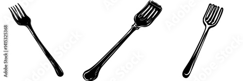 Vector illustration of three unique fork designs showcasing different styles for culinary applications