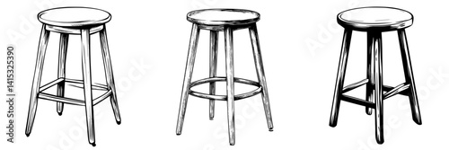 Stylish vector illustration showcasing three wooden stools with different designs and heights for home decor