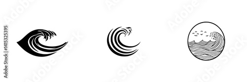 Vector illustration icons depicting stylized ocean waves in different forms, showcasing the beauty and power of water motion