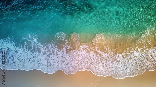 Aerial View Turquoise Ocean Waves Crashing on Sandy Beach