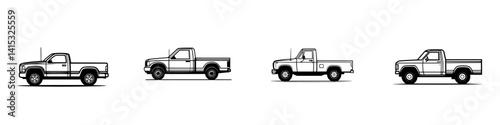 Various pickup truck designs showcasing different styles and angles in a minimalist vector illustration format