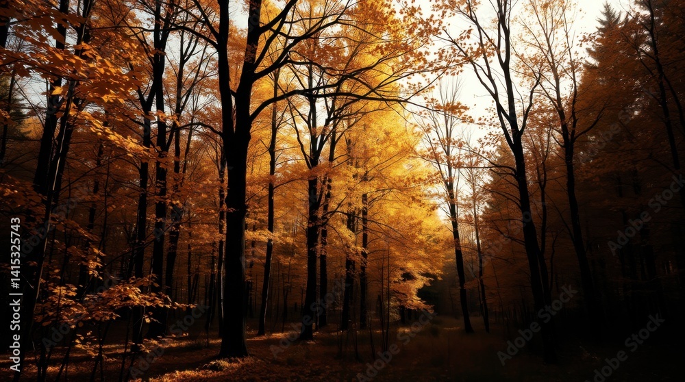 Fototapeta premium Golden Autumn Forest Path: A Dramatic, Sunlit Scene