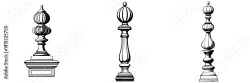Elegant vector illustration of three ornamental finials designed for decorative architecture and home decor projects