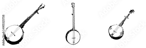 Vector illustration depicting three different styles of banjos arranged in a line