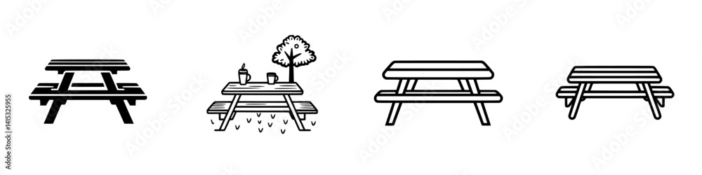 Vector illustration of picnic tables showcasing various styles and designs in a minimalist black and white format