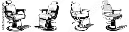 Vintage barber chairs illustrating various designs and heights from different angles