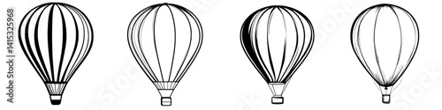 Vector illustration of four distinct hot air balloons showcasing various designs and styles against a plain background
