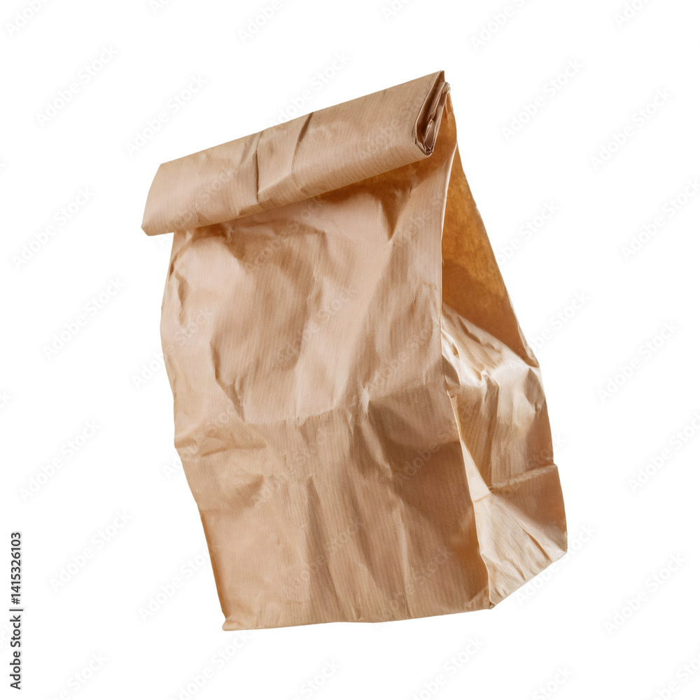 Crumpled brown kraft paper lunch bag, folded edges, transparent backdrop with precise clipping path Crumpled brown kraft paper lunch bag, folded edges, transparent backdrop with precise clipping path