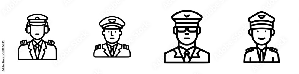 Vector illustration of four pilot icons showcasing different styles of uniforms and headgear in black and white design Vector illustration of four pilot icons showcasing different styles of uniforms and headgear in black and white design