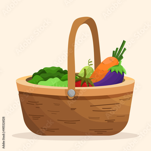 Vegetable basket set, cute and bright style, kitchen garden, vegetables for cooking obtained from shopping at the market
