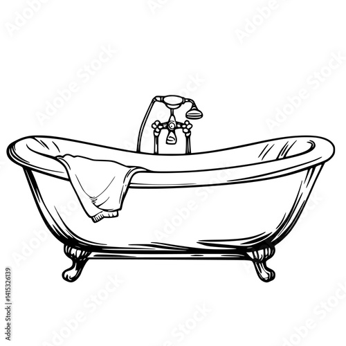 Classic clawfoot bathtub illustration with towel draped over edge for interior design inspiration