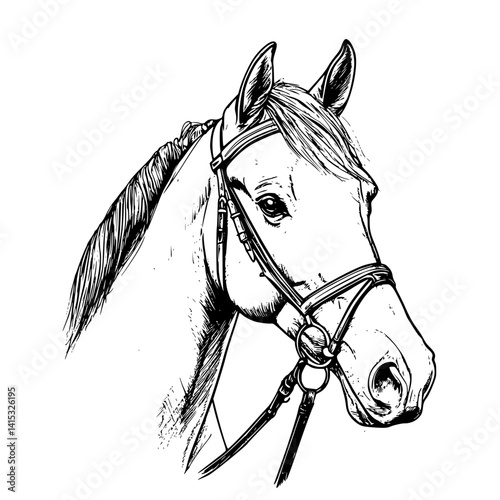 Vector illustration of a horse head with bridle detailed in black and white style