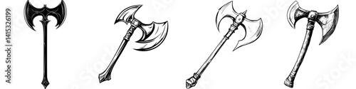 Various designs of battle axes in vector illustration style showcasing intricate details and unique features for fantasy themes
