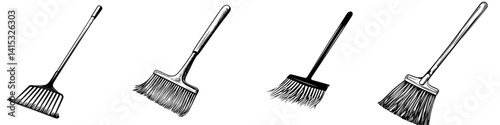 Vector illustration of various rakes and brooms used for gardening and cleaning in outdoor landscaping activities throughout the year