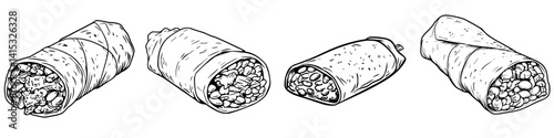Stylized vector illustration of burritos with various fillings wrapped tightly for serving during a casual dining experience