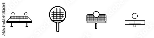 Table tennis equipment features paddles, balls, and net in minimalistic vector illustration style for sports enthusiasts