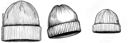 Stylized vector illustration of three beanie hats in varying sizes and designs displayed against a plain background