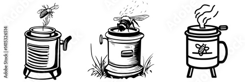 Vector illustration depicting honey extraction process with bee and extractor in three stages