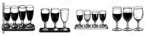 Craft beer flight showcasing various glass styles and beverages on wooden tray