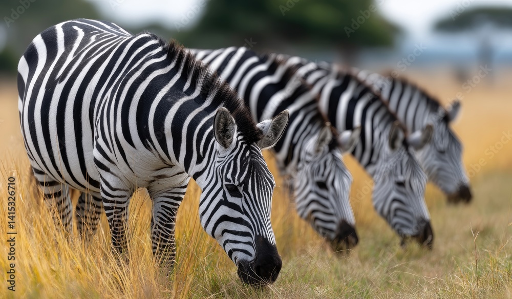 Fototapeta premium A herd of zebras grazing in the savanna, their black and white stripes standing out against the golden grassland