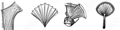 Vector illustration icons of vintage phonograph horns and accessories showcasing intricate designs and detailed craftsmanship