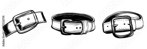 Vector illustration of three distinct belt designs showcasing various styles and fastenings for clothing accessories