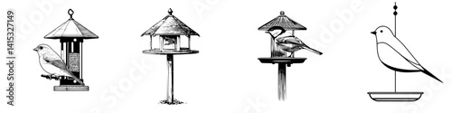 Vector illustration of various bird feeders with different styles and birds perched on them, showcasing nature-inspired design elements