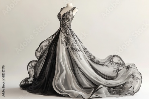 Elegant black and white gown with lace bodice on a mannequin. Showcase fashion design, bridal wear, or theatrical costume concepts.