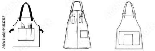 Vector illustration of multiple aprons showcasing different pocket designs for various activities and professions in a minimalistic style