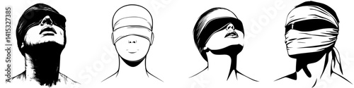 Vector illustration icon featuring four blindfolded figures expressing different emotions and states of awareness