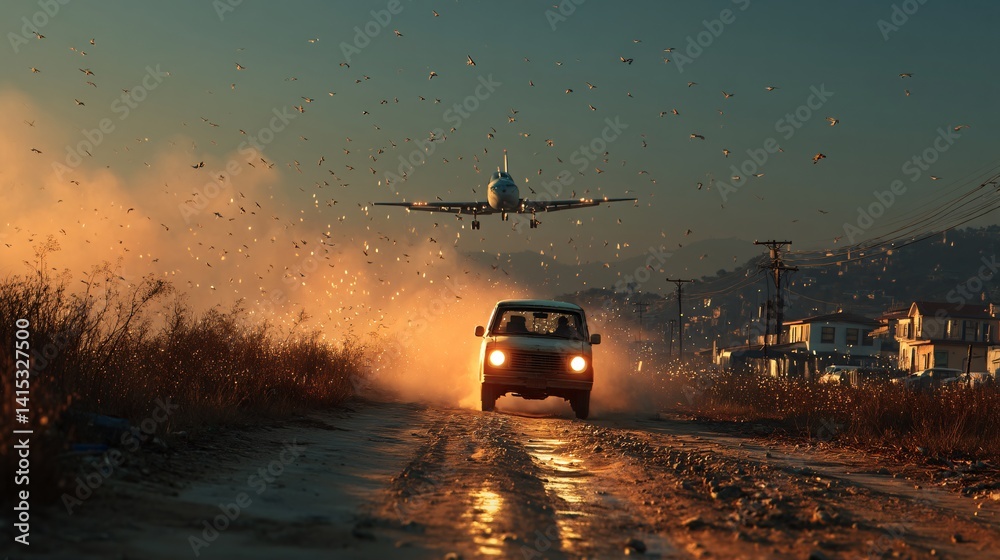 Fototapeta premium Car Driving Down Rural Road with Airplane Flying Overhead
