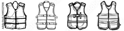 Vector illustration of various styles of vests suitable for outdoor activities or work environments