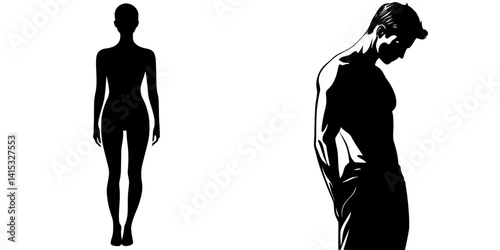 Creative vector illustration of two human figures in silhouette showcasing contrasting postures and expressions