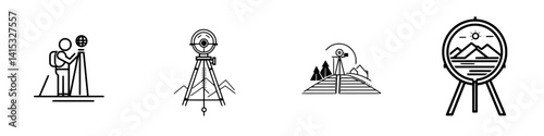 Iconic vector illustrations depicting surveying activities in various scenic mountainous environments