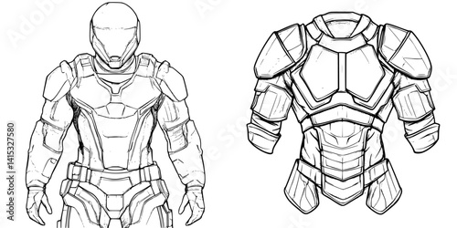 Futuristic armored suit concept design featuring detailed front and back views with a sleek, modern aesthetic