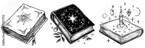 Vector illustration of three mystical books with decorative designs featuring stars, candles, and symbols